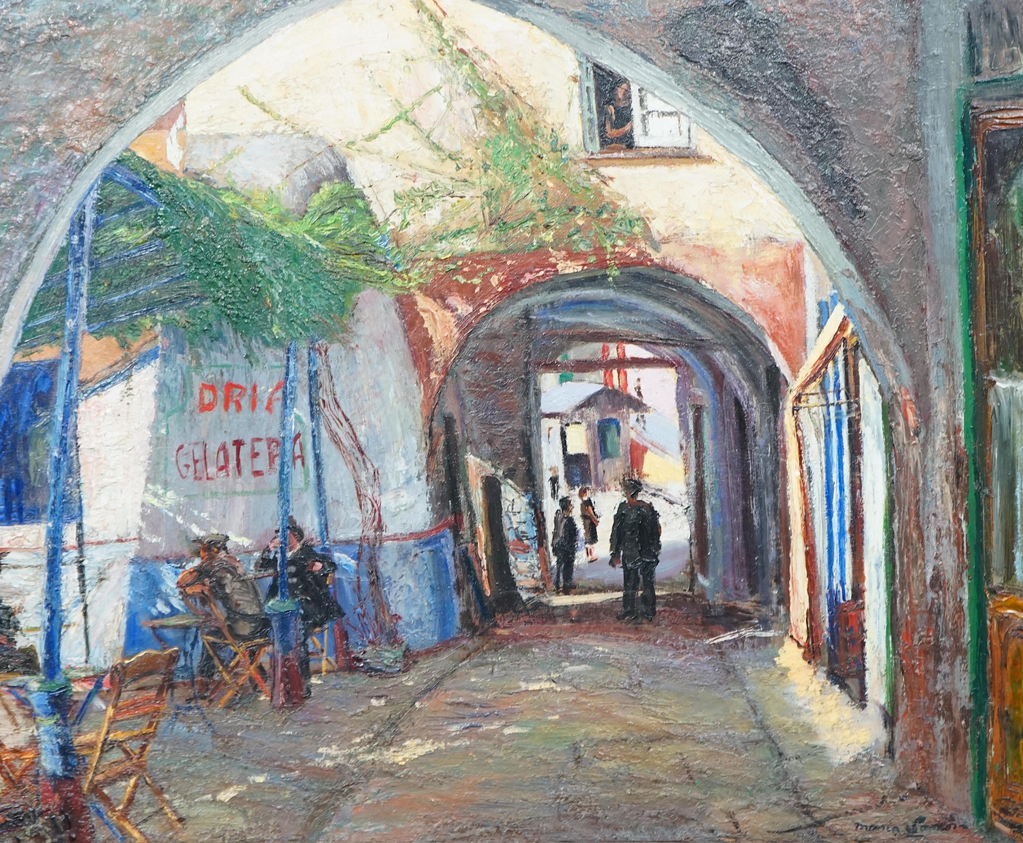 Maria Samora (British, 20th Century), 'A Street near Portofino', oil on panel, 46 x 55cm